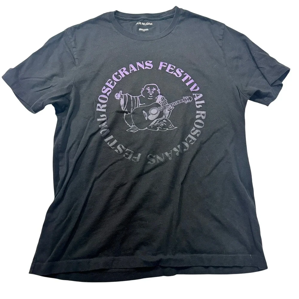 True Religion Mens Rosecrans Festival Buddha Guitar Graphic T-Shirt Black Large